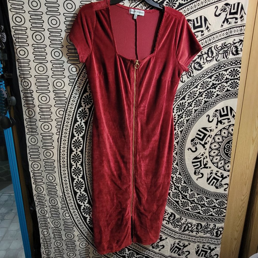 Red Velvet Knee Length Dress with Front Gold Zipper